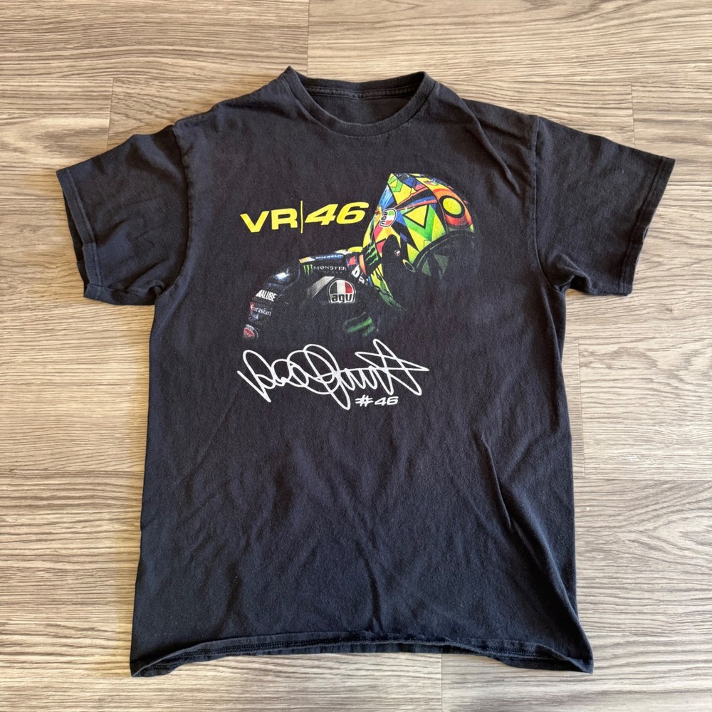 Vintage Y2K Valentino Rossi VR46 MotoGP Racing T-Shirt Black Small #46 Helmet